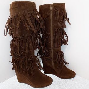 🌹🍫Brown Fringe mid calf wedge boots